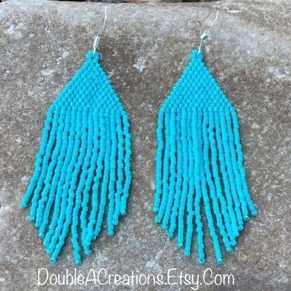TURQUOISE Beaded Earrings with Fringe, New, Handmade by Me - Picture 3 of 7